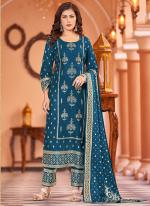 Rayon Sea Blue Festival Wear Digital Printed Readymade Kurti With Pant And Dupatta